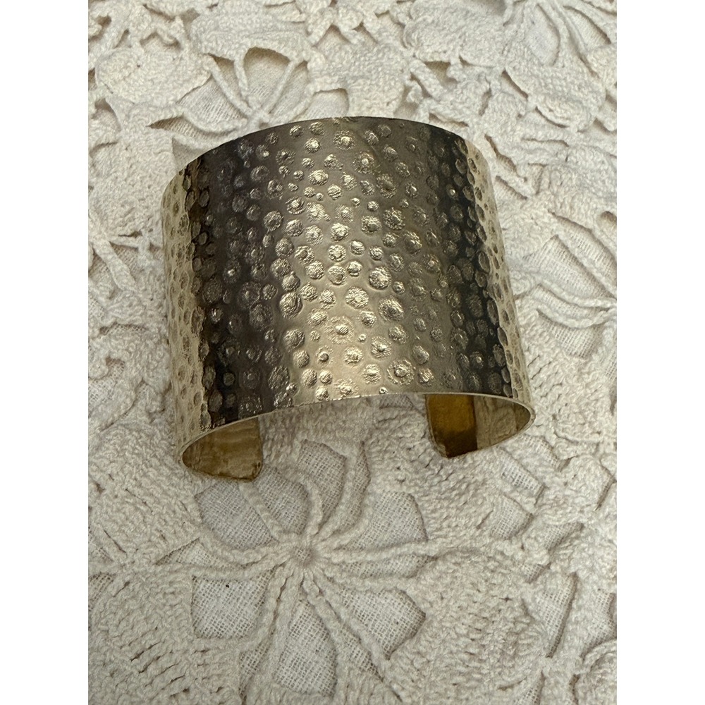 Hammered Gold Tone Wide Cuff Bracelet Sculptural Statement Jewelry